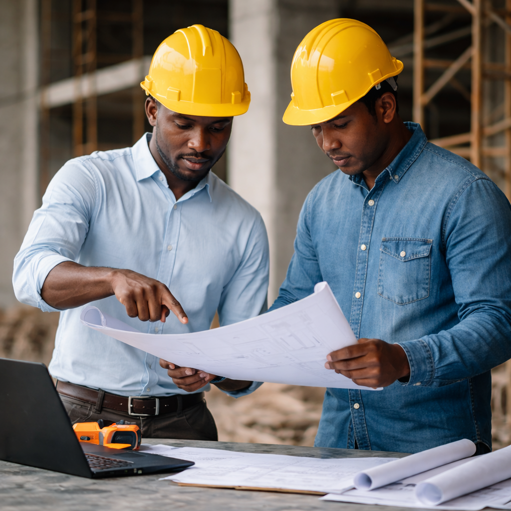 Construction and engineering leadership reviewing project plans on site